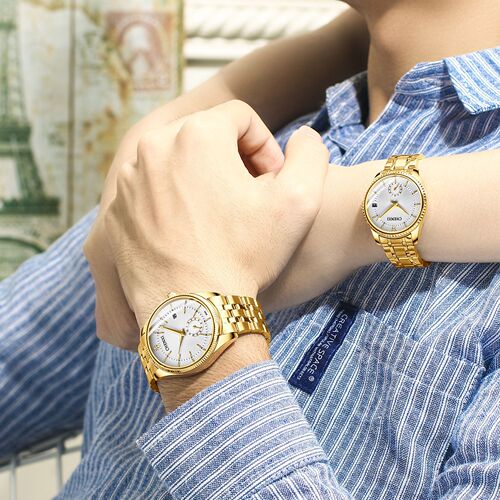 Dawn couple watch full gold couple watch two-hand half calendar cross-border men's and women's quartz watch