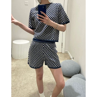 【清仓不退换】显瘦针织短袖短裤套装 时髦格子羊毛衫两件套女式