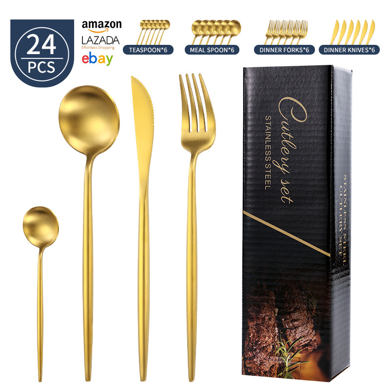 Transfronterizo Amazon mango redondo portugués cuchillo y tenedor cuchara set de platos de acero inoxidable mate cuchillo y tenedor de filete set 24 piezas