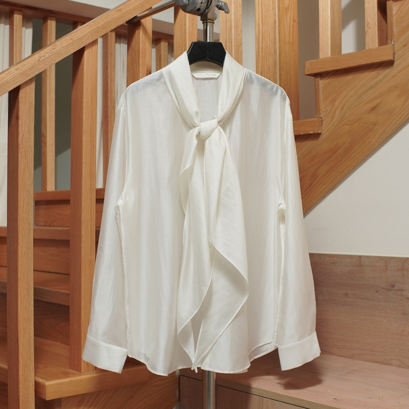 Original European and American Fashion Women's White Semi-Transparent Bow-Tie Tie-Up Lyocell Tencel Shirt 4786/168 Shirt Original European and American Fashion Women's White Semi-Transparent Bow-Tie Tie-Up Lyocell Tencel Shirt 4786/168 Shirt