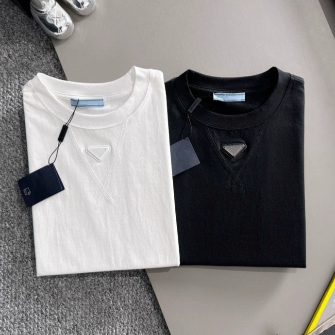 High-End Version of P Brand 2026 New Model Metal Triangle Logo Premium Casual Men's Short-Sleeve T-Shirt Unisex Trendy Brand