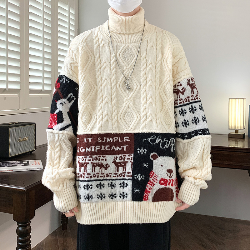 Anyang Turtleneck Sweater Men's Christmas Bear Lazy Couple Loose Knitted Sweater Winter Thickened Warm Sweater