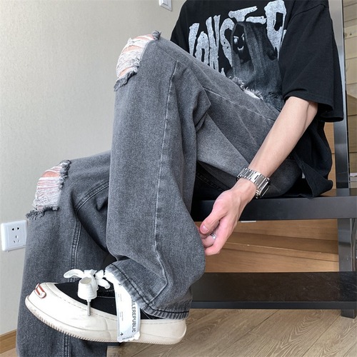 American-style high-street vibe ripped denim jeans for men, summer thin straight-leg trendy brand pants—casual floor-length trousers for spring and autumn