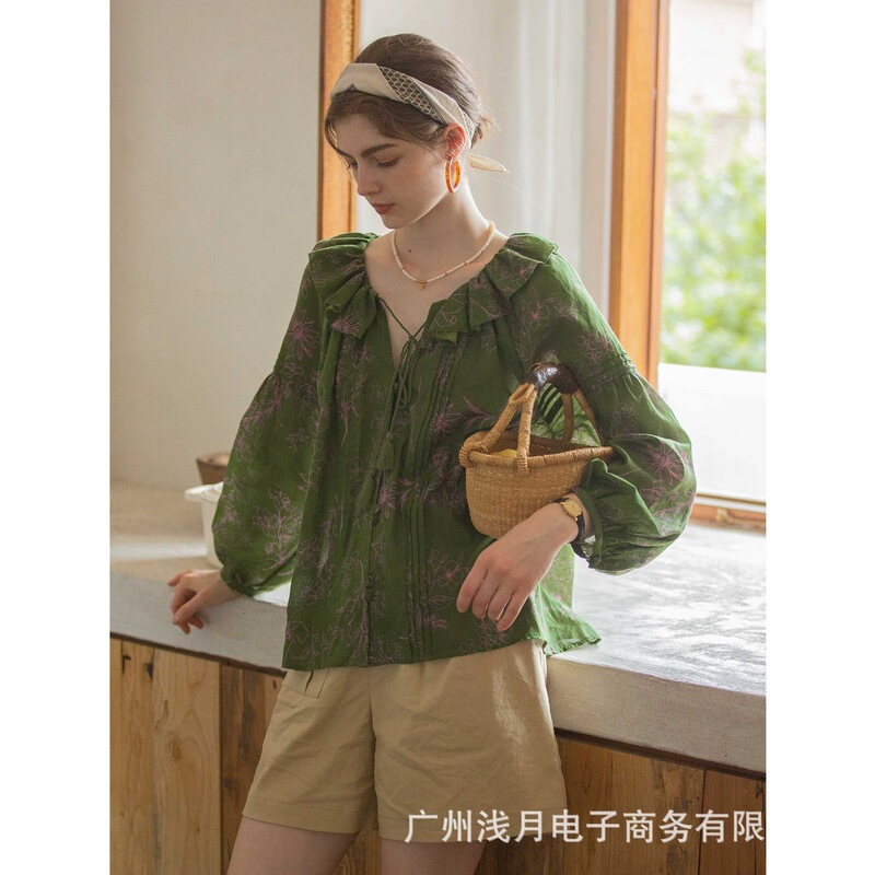 Dailyar French-Style Ruffled Spring Shirt Floral Top Women's Summer Retro Green V-Neck Babydoll Shirt