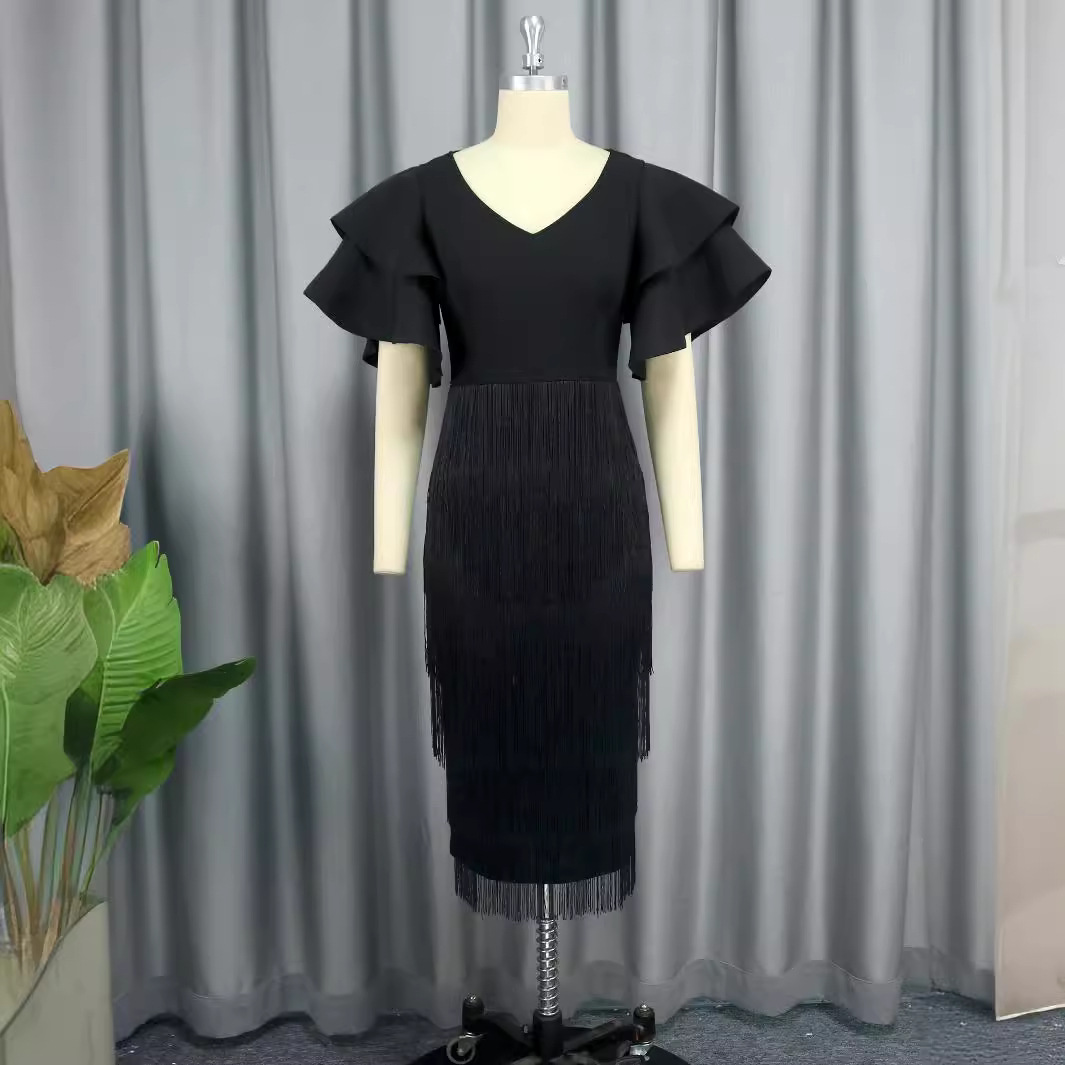 Women's Clothing Rose Red Tassel Skirt Ruffle Sleeve Sexy V Neck Large Size 4XL Dress Party Dress_voghion.com