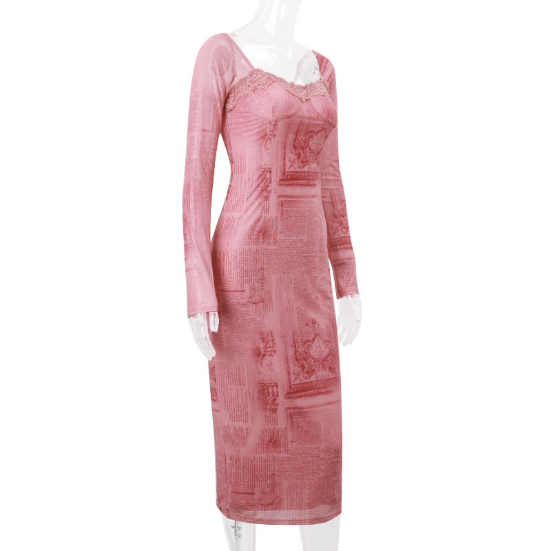 Women Clothing Autumn Best Sexy Low Cut Backless Square Collar Retro Slim Fit Long Sleeved Dress