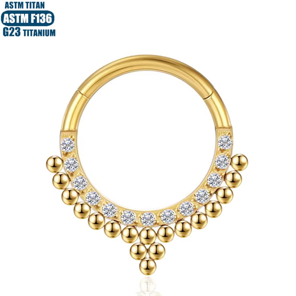 F136 Titanium Alloy Seamless Hinged Nose Ring Bead Cluster CZ Septum Earring - 1.2*12mm Black detail image 9