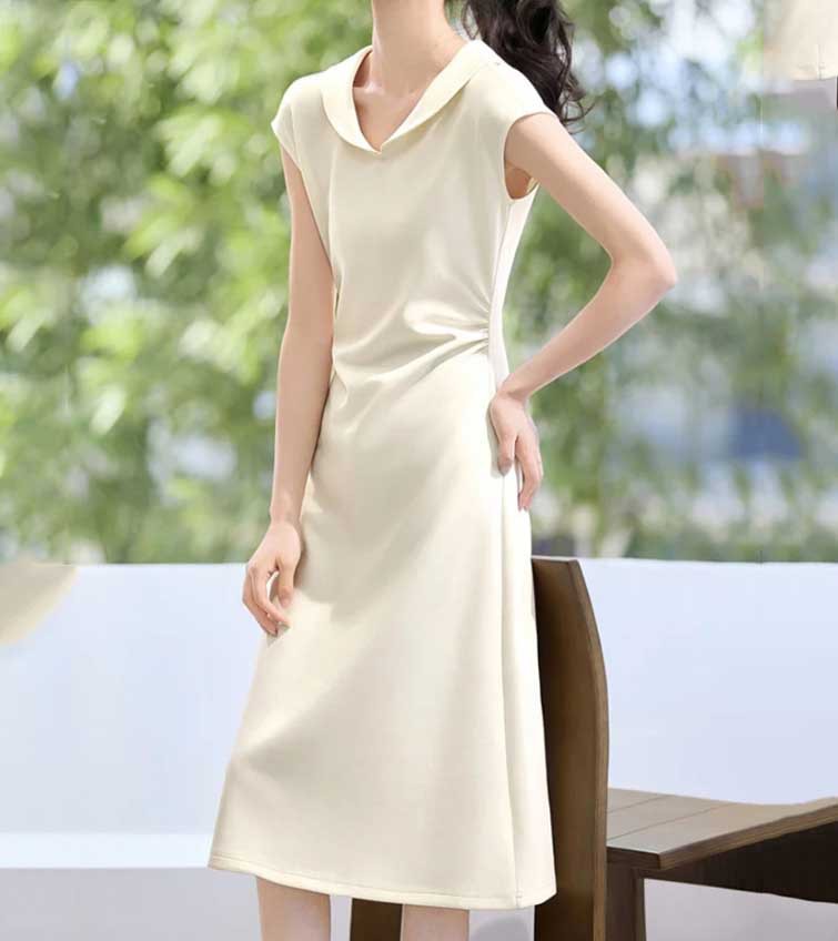 Đầm búp bê cổ ve xếp li eo thắt dây tay ngắn dáng dài — màu trắng ngà chi tiết 3