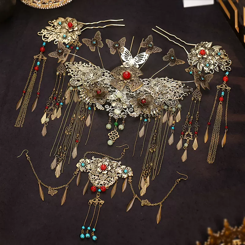 跨境古风汉服发冠额饰套装古铜做旧头饰中式傩戏女手工头饰发饰