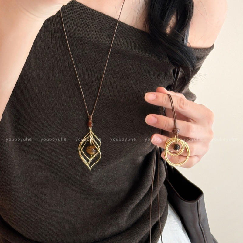 Maillard Golden Tiger Eye Stone Long Pendant Necklace Women's Accessible Luxury High-End Sweater Chain Retro Decorative Accessories