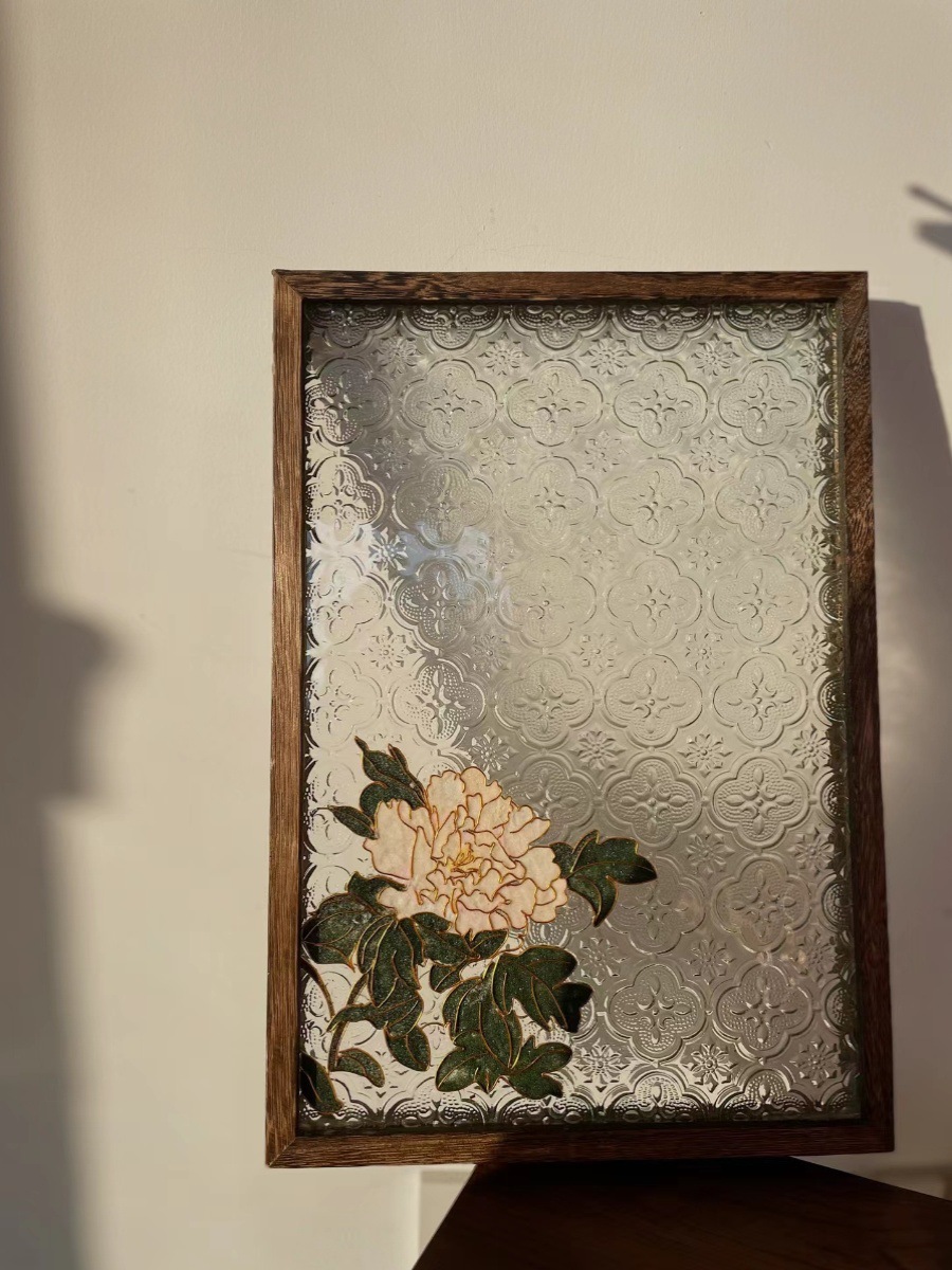 CLOISONNE ENAMEL DIY 트레이 베고니아 양각 유리 복고풍 직사각형 나무 차 트레이 보관 장식품 인세 트레이