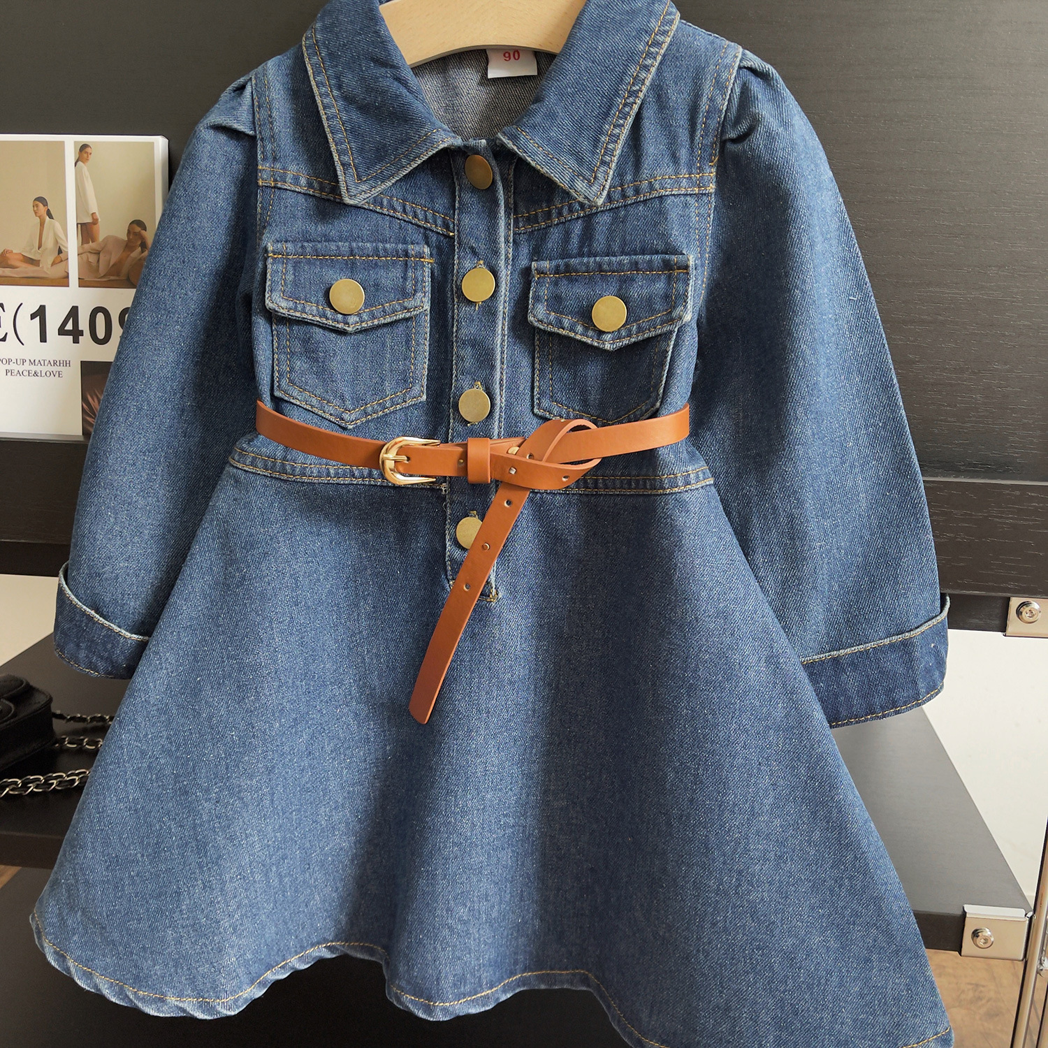 Rochie din denim cu mâneci lungi pentru fetițe din bumbac moale_voghion.com