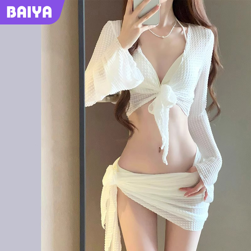 比基尼长袖防晒分体泳衣女新款四件套高级感显瘦性感纯欲白色泳装