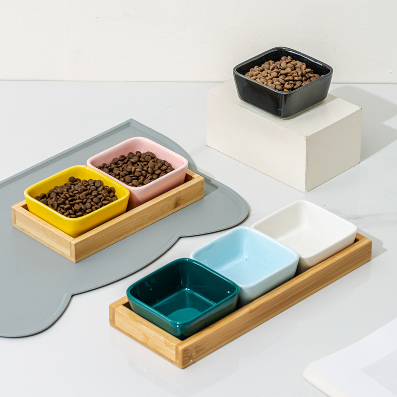 Tazón de mascotas de cerámica de hámster, tazón para gatos, tazón para perros, bandeja de madera, tazón para perros, protector de cuello, tazón para alimentos para gatos, anti-derribado