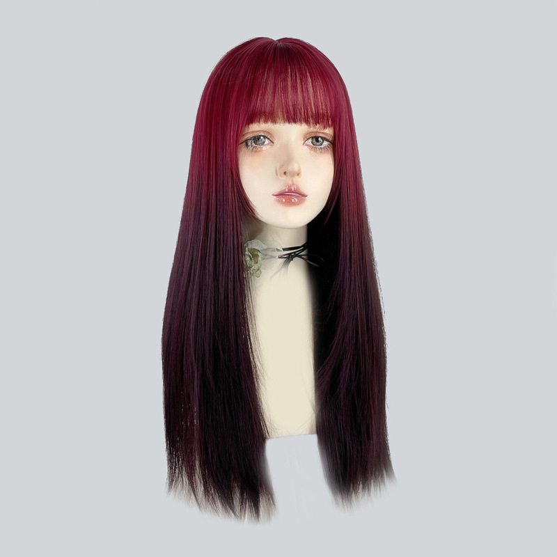 Wine red gradient black bangs wig-women's natural straight synthetic wig 24inch