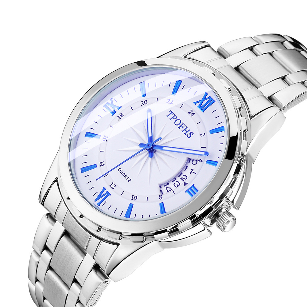 Tpofhs New Quartz Watch Steel Band Blue Light Calendar Gradient Color Sunburst Pattern Watch Men's Factory British Business Watch