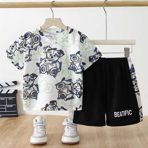 New style quick-drying clothes for boys' summer sets, ice silk, Korean casual sports wear, ball suit, short-sleeved shorts, children's clothing wholesale 