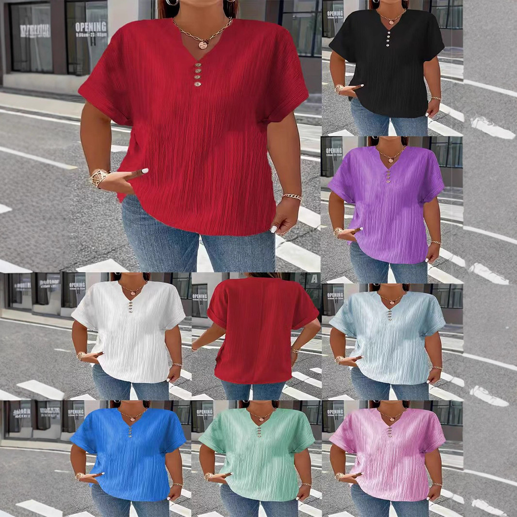 유럽과 미국의 국경을 넘나드는 2026년 봄 여름 아마존 독립 홈페이지 인기 여성 패션 캐주얼 단색 버튼 V넥 티셔츠