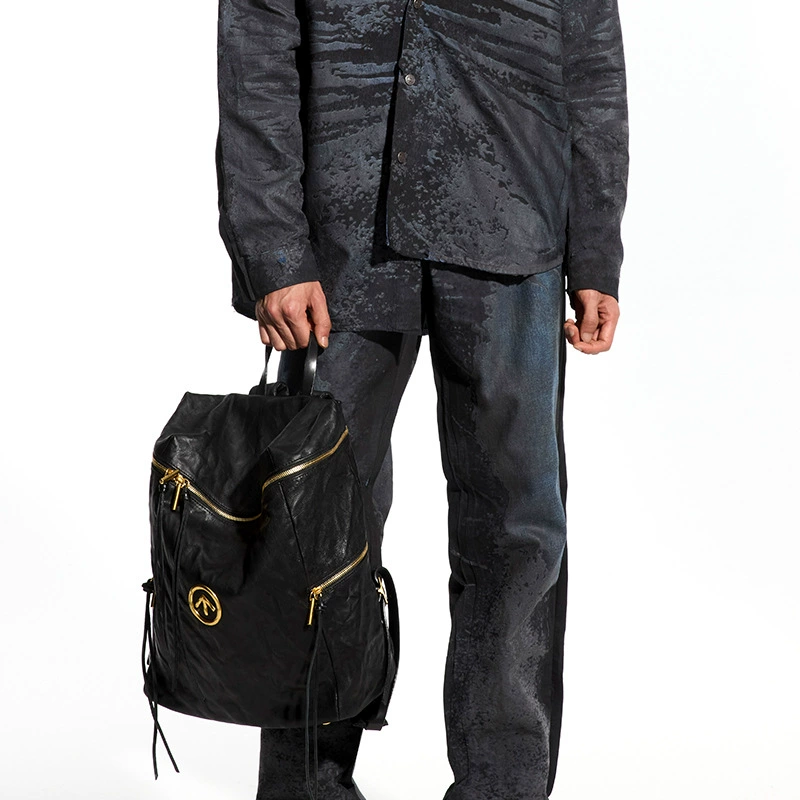 GROTTO Gele Black Stone Small Backpack без пола Wrinkled SheepskinSoft Leather Backpack Morning Tide Leisure