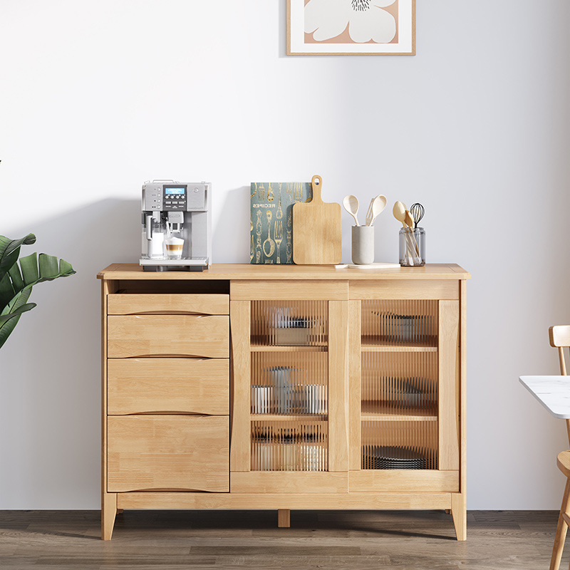 Aparador nórdico de madera maciza multifuncional para comedor, cocina, mueble de almacenamiento para sala de estar, aparador de madera maciza de doble puerta y 3 cajones
