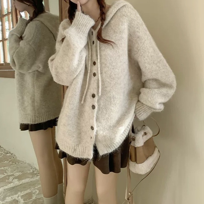 Korean Style Knitted Sweater Jacket Women's Hooded Cardigan Thickeneded Lazy Style Sweater Loose Top 2025 Autumn and Winter