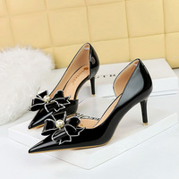 638-AH13 Banquet High Heel Shiny Lacquer Leather Shallow Mouth Pointed Side Cut Pearl Rhinestone Bow Tie Single Shoe