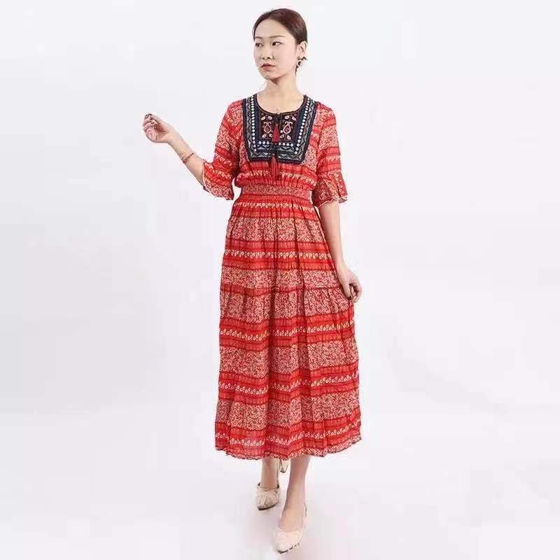Silk Positioning Printed Holiday Feather Color Breathable Long Dress Temperament Commuter Mid-Waist Dress Slim-Fit Spring and Summer Dress