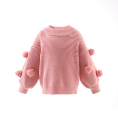 Children's Spring and Autumn Girl's Round Neck Knit Top, Cute and Versatile Long Sleeve Plush Ball Sweater, Outerwear Top for Girls