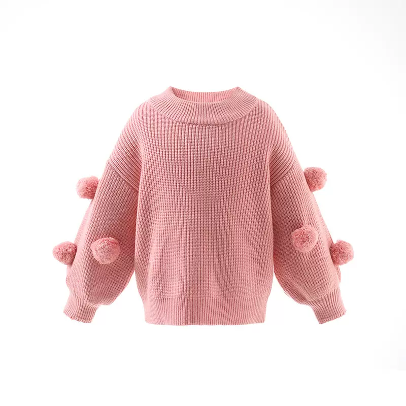 女童装秋冬女宝宝圆领针织衫儿童百搭长袖毛毛球毛衣上衣公主风