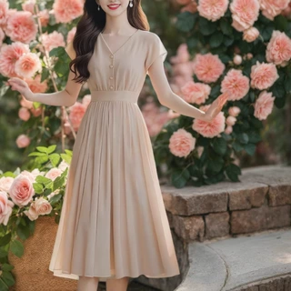 v领纯色雪纺连衣裙女2025新款夏季收腰气质高级感轻熟风中长裙子