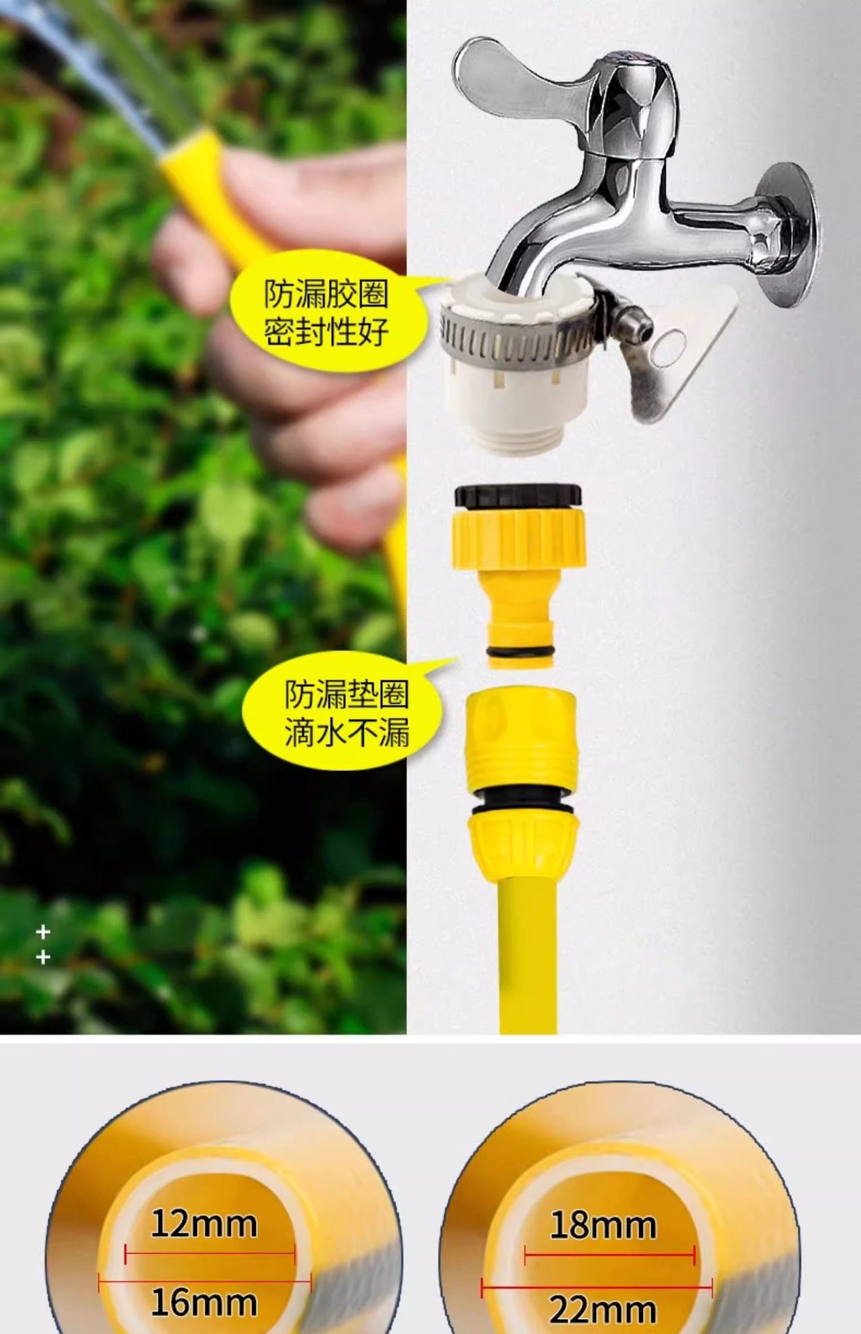 High-pressure car wash hose and water gun, 1/2 inch and 3/4 inch, anti-freeze and anti-explosion, suitable for tap water, watering, and cleaning