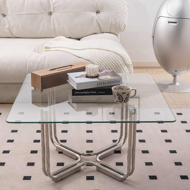 简约客厅家用法式中古玻璃茶几奶油边几 小户型复古轻奢高级桌子