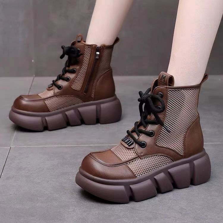 Botas delgadas de verano para mujeres con faldas de botas de cuero 2024 botas frías redondas de malla gruesa para mujeres botas de malla transpirables