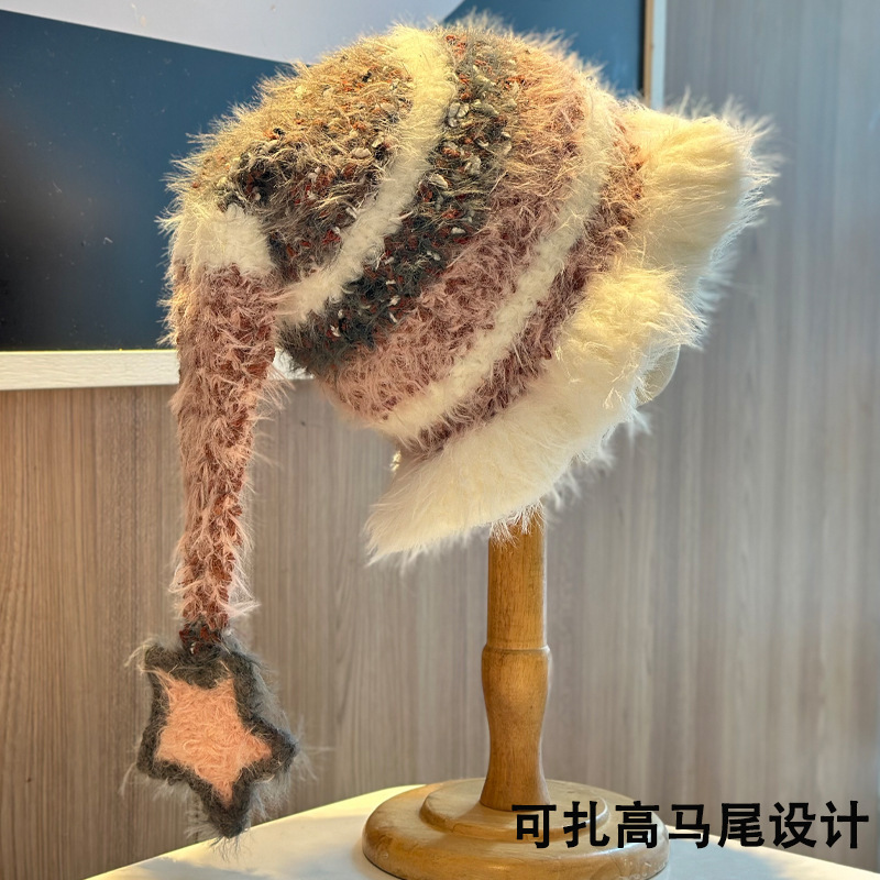 2025新款多巴胺拼色毛绒帽子女秋冬保暖甜美星星可扎马尾包头帽|undefined