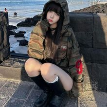 设计感字母印花连帽卫衣女秋冬2025新款加绒开衫迷彩休闲外套上衣