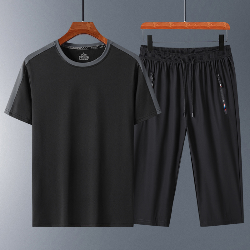 Trajes de hielo para hombres, trajes deportivos casuales de cuello redondo, mangas cortas, pantalones sueltos de siete puntos para hombres, set transpirable de verano de secado rápido de dos piezas