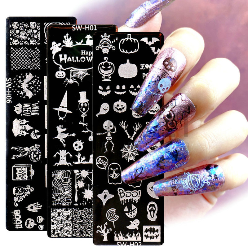2022 cross-border new Halloween nail art steel plate wholesale pumpkin bat 4*12cm nail transfer Template