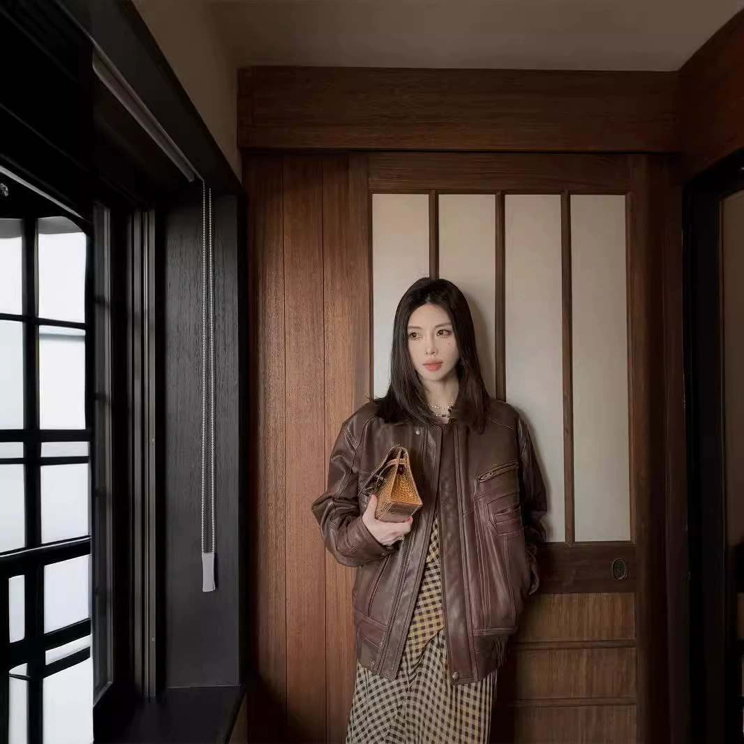 Майрад коричневый мотоциклетный кожаный лионский праздник первый слой испанского растения из кожи овчины ретро куртка женский