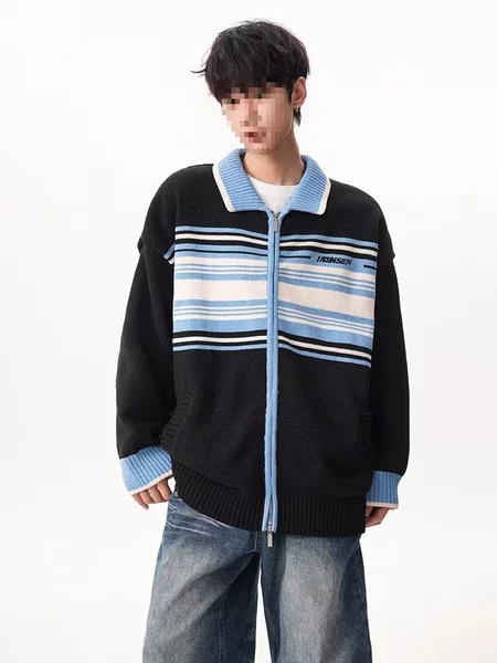 Trendy Color-Block Striped Double-Zip Knit Cardigan for Men and Women, Autumn and Winter Lazy Short Couple Sweater American Style Top