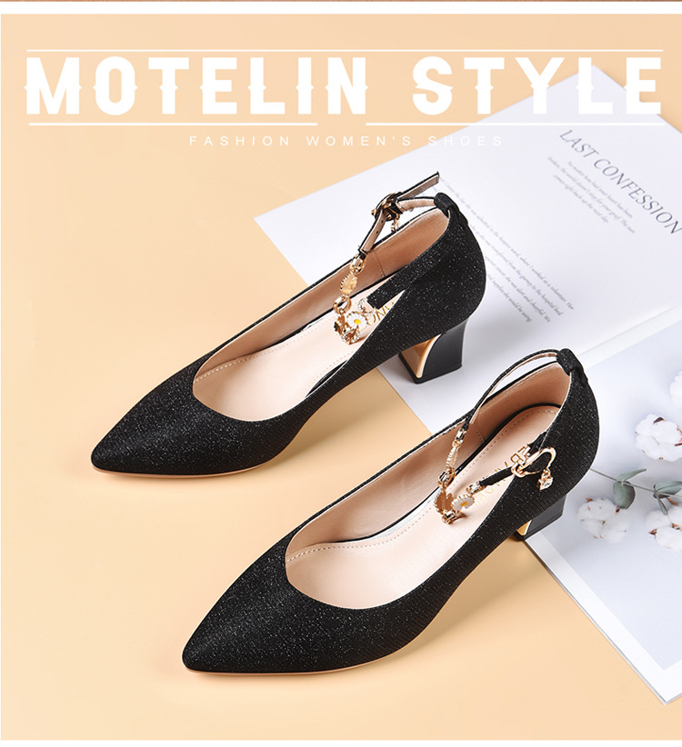 Giày cao gót nữ gót vuông 5-6 cm đế mềm không mỏi chân mùa hè màu sâm panh — L9013 [vàng] cao gót 5CM, L9139 [Đen] cao gót 6CM, L9139 [màu sâm panh] cao gót 6CM, L9013 [Đen] cao gót 5CM chi tiết 2