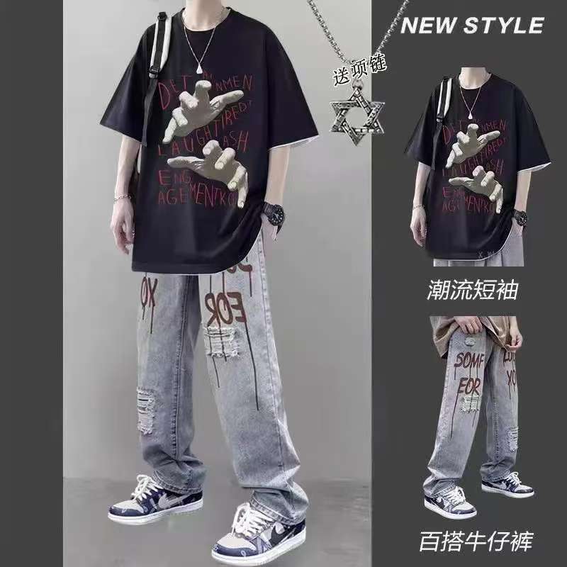 Summer Short-Sleeved T-Shirt Suit for Male Students Ins Trendy Brand Cool and Handsome Wear Ripped Jeans Design Three-Piece Set