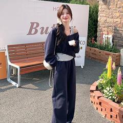 大码藏青色露肩卫衣套装女秋季新款超火减龄条纹背心阔腿裤三件套