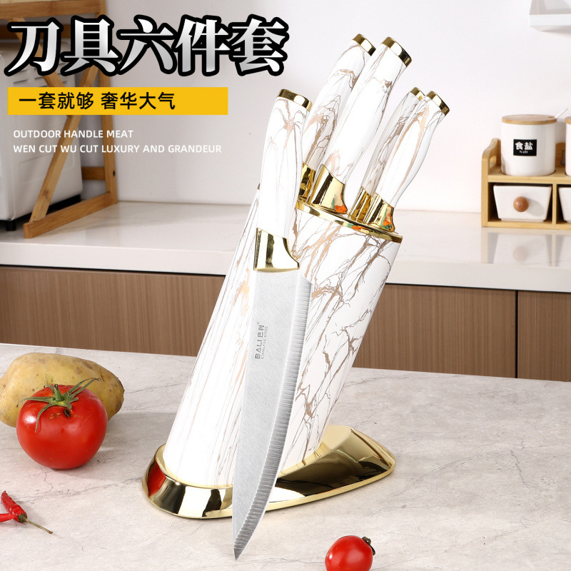 Cuchillo de asiento cilíndrico de doble cabeza galvanizada de seis piezas con cuchillo de acero inoxidable de mármol con caja de color.