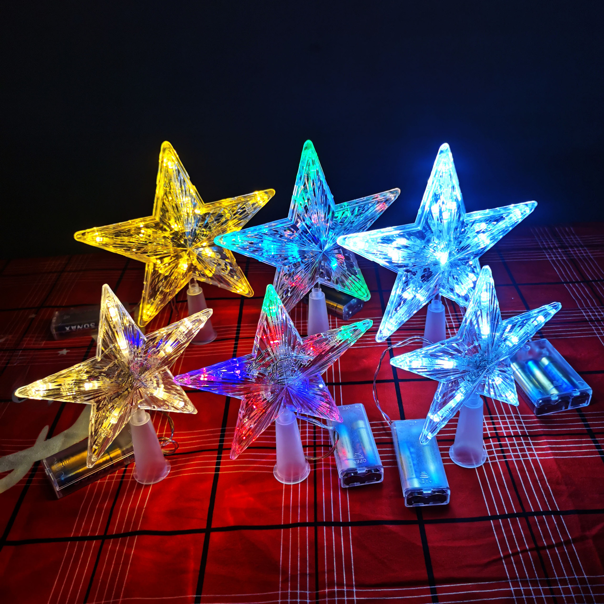 Spot Christmas decoration LED lights transparent tree top star battery lights five-pointed star Christmas decoration props_voghion.com