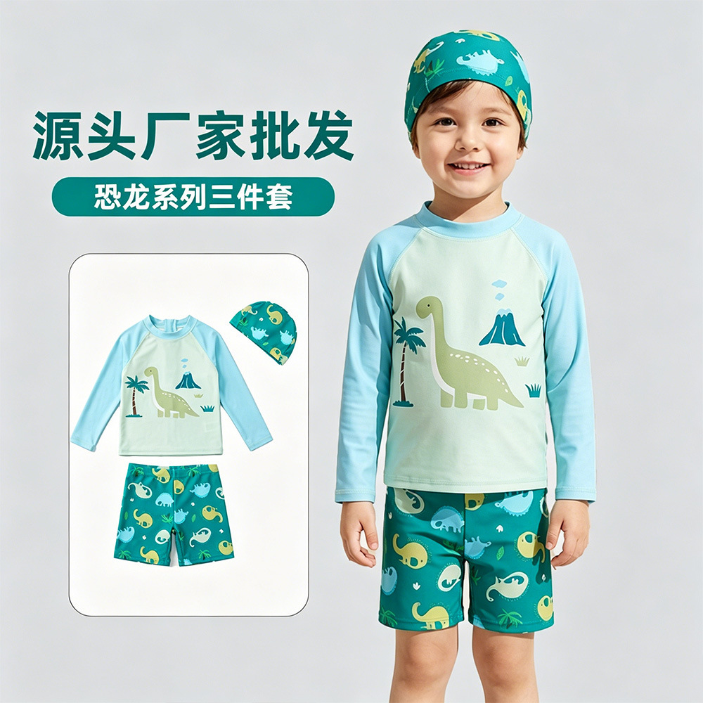 Conjunto de traje de baño para niños de 7 a 12 años, conjunto de tres piezas, diseño de dinosaurio de dibujos animados, protección solar, secado rápido, conjunto de traje de baño de manga larga para niños mayores image 19