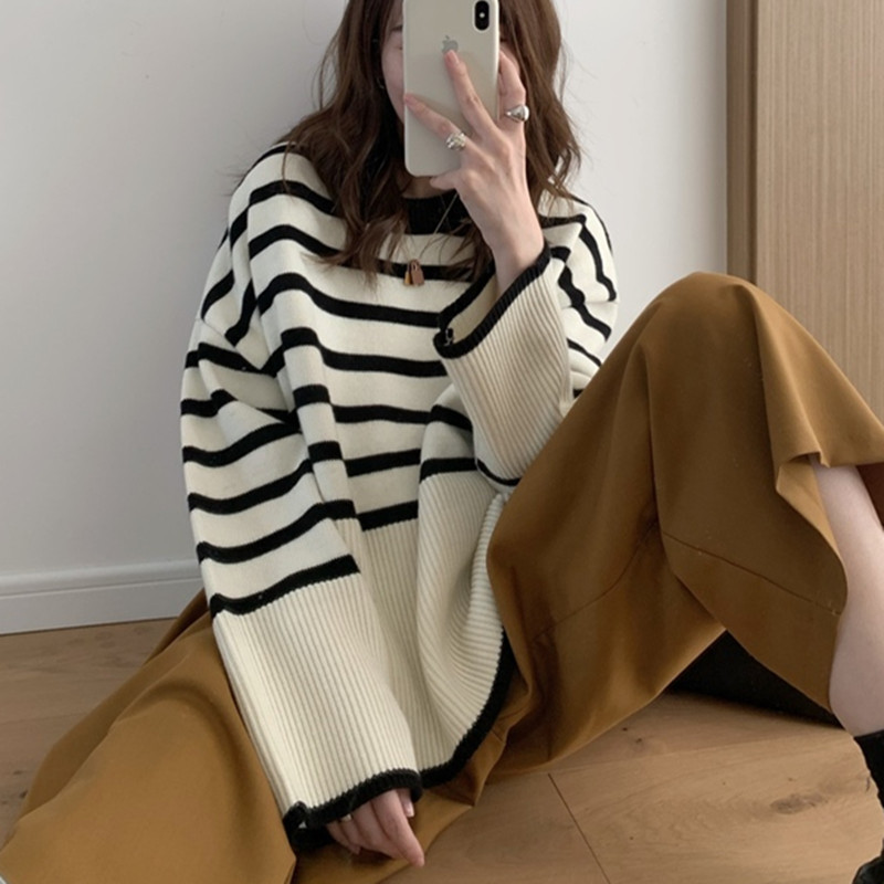 Korean Style Stripesd Knitwear for Women 2023 Autumn and Winter New Style Retro Lazy Style Outer Wear Soft Waxy Pullover Loose Knitwear