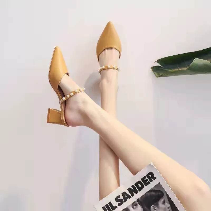Сандалии из натуральной мягкой кожи для женщин, новинка 2024 года, средний каблук, толстый, с острым носком, в стиле феи, на высоком каблуке, полутапочки с мешковиной, для улицы