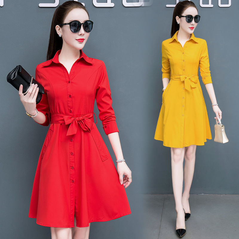 Dress for Women 2024 Spring and Summer Long-Sleeved Mid-Length Red Shirt Dress Korean Style A-Line Dress V-Neck Elegant and Stylish for Work Dress for Women 2024 Spring and Summer Long-Sleeved Mid-Length Red Shirt Dress Korean Style A-Line Dress V-Neck Elegant and Stylish for Work