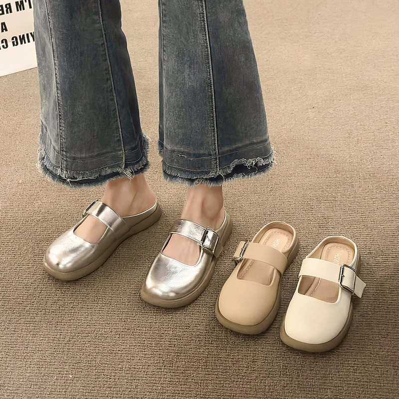 Французский ретро Баотоу серебряный наполовину тапочки женский 2025 новый мягкий фон плоский фон один педаль тапочки женский летом