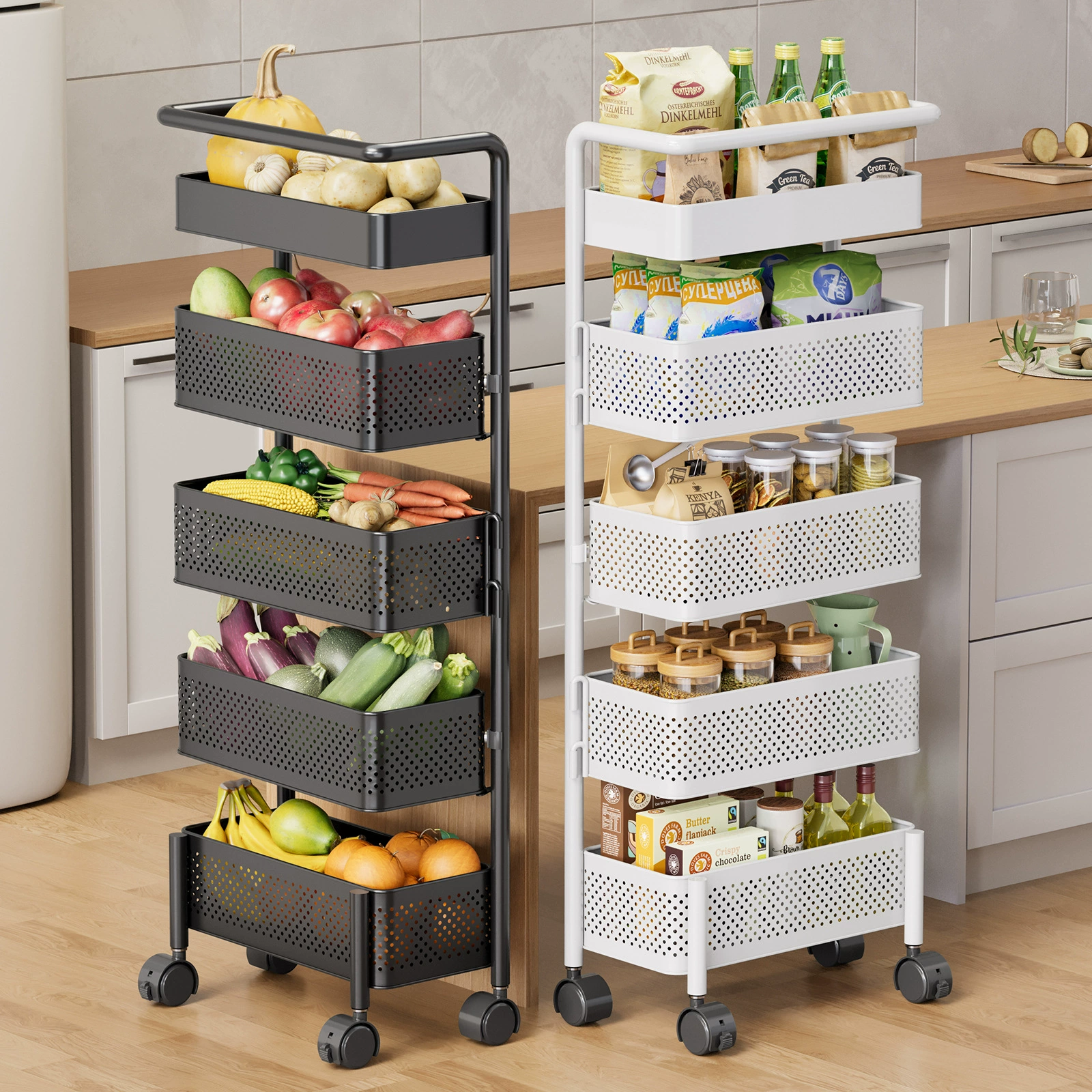Modern and minimalistic cart, rotating multilayer storage system